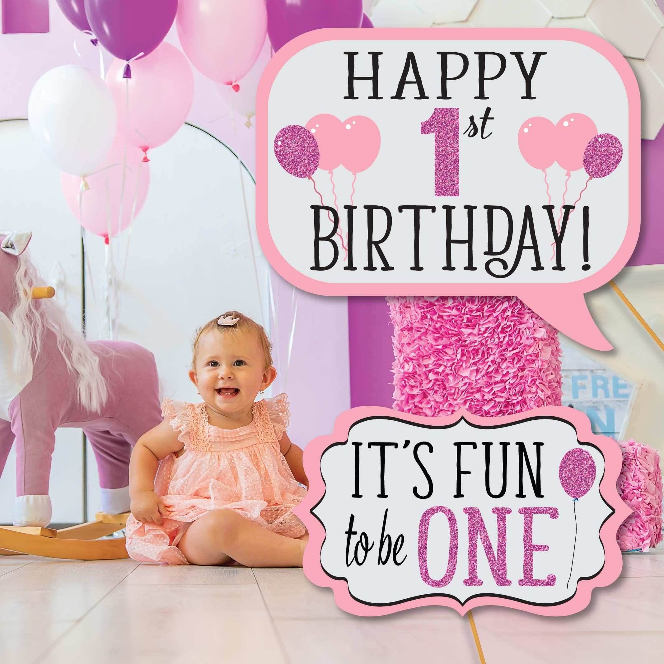 1St Birthday Girl Photo Booth Props - 41-Pc Photobooth Kit With 8 X 10-Inch Sign, 60 Adhesive Pads, 45 Sticks - Photo Booth Prop